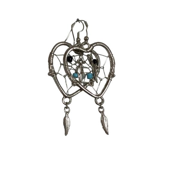 🌵 Vintage Dream Catcher Earrings Heart Turquoise Feather Drop Southwest Boho 3" - Picture 3 of 10